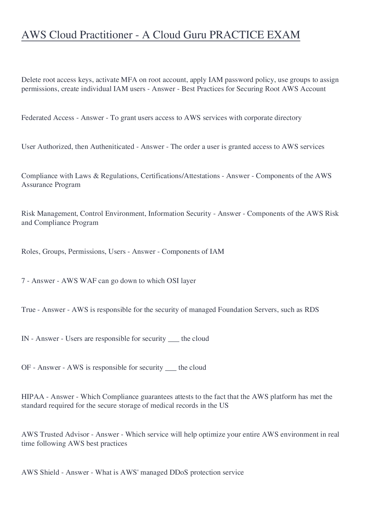 Preview image of AWS Cloud Practitioner - A Cloud Guru PRACTICE EXAM document